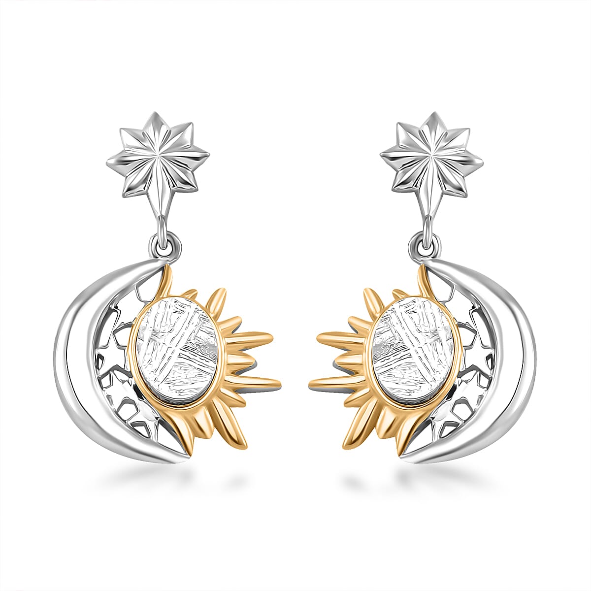 Marvelous Meteorite Sun & Crescent Moon Earrings in 18K Vermeil YG and Rhodium Over Sterling Silver