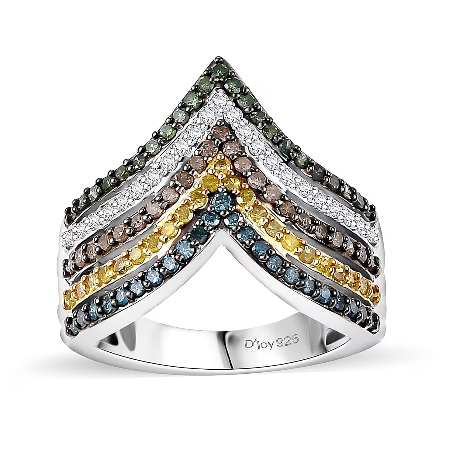 Doorbuster Multi Diamond (Natural & IR) Chevron Ring in Rhodium Over Sterling Silver (Size 10.0) 0.90 ctw