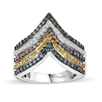 Doorbuster Multi Diamond (Natural & IR) Chevron Ring in Rhodium Over Sterling Silver (Size 10.0) 0.90 ctw