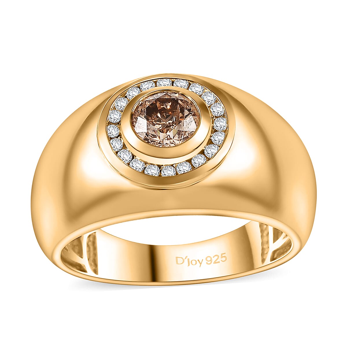 Doorbuster Natural Champagne and White Diamond 1.35 ctw Men's Ring in 18K Vermeil Yellow Gold Over Sterling Silver