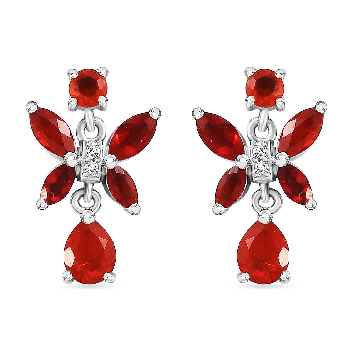 Mexican Cherry Fire Opal and Moissanite 1.20 ctw Butterfly Earrings in Rhodium Over Sterling Silver