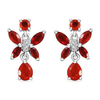 Mexican Cherry Fire Opal and Moissanite 1.20 ctw Butterfly Earrings in Rhodium Over Sterling Silver