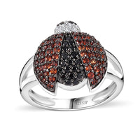 GP Trionfo Collection Thai Black Spinel, White Zircon Ladybug Ring in Rhodium Over Sterling Silver (Size 7.0) 1.00 ctw