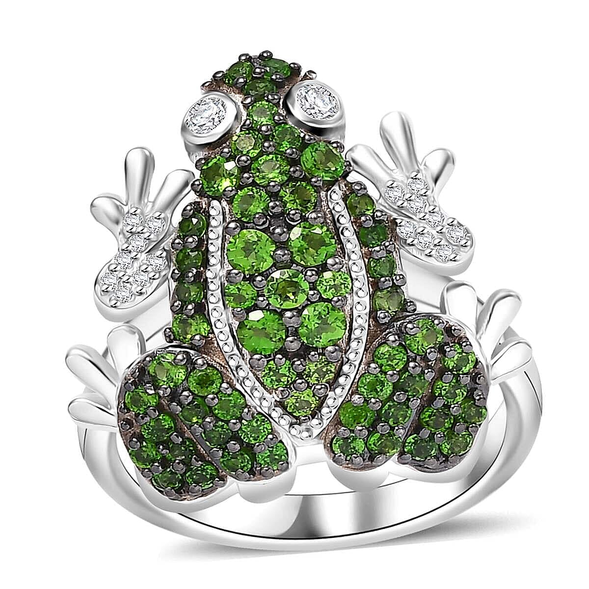 GP Chrome Diopside, White Zircon Ring in Rhodium Over Sterling Silver (Size 7.0) 1.80 ctw