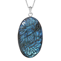 Malagasy Labradorite Carved Flower 75.00 ctw Pendant Necklace in Sterling Silver 20 Inches