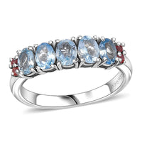 Santa Maria Aquamarine, Padparadscha Sapphire Ocean Breeze Ring in Rhodium Over Sterling Silver (Size 7.0) 0.90 ctw