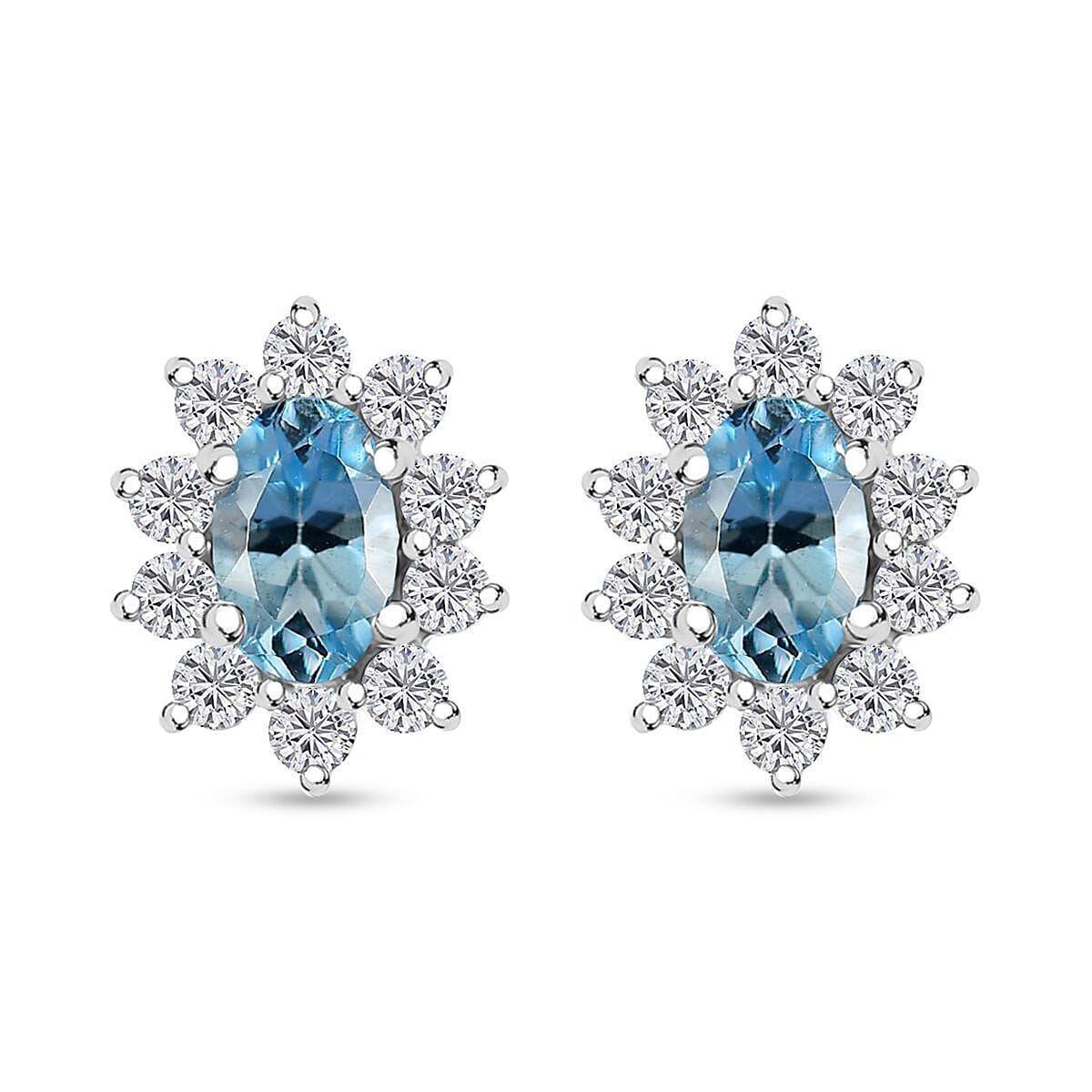 Santa Maria Aquamarine and Moissanite 0.85 ctw Sunburst Earrings in Rhodium Over Sterling Silver