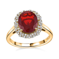 Luxoro Premium Mexican Cherry Fire Opal and I2 Diamond 2.75 ctw Ring in 10K Yellow Gold