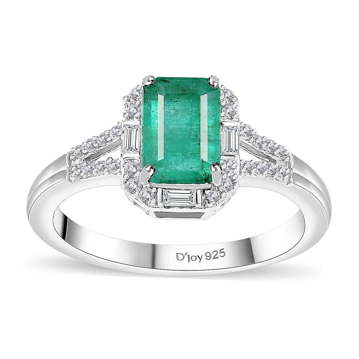 Kagem Zambian Emerald, Moissanite Embrace Ring in Rhodium Over Sterling Silver (Size 10.0) 1.20 ctw