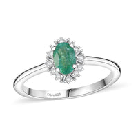 Kagem Zambian Emerald, Diamond Sunburst Ring in Rhodium Over Sterling Silver (Size 10.0) 0.50 ctw