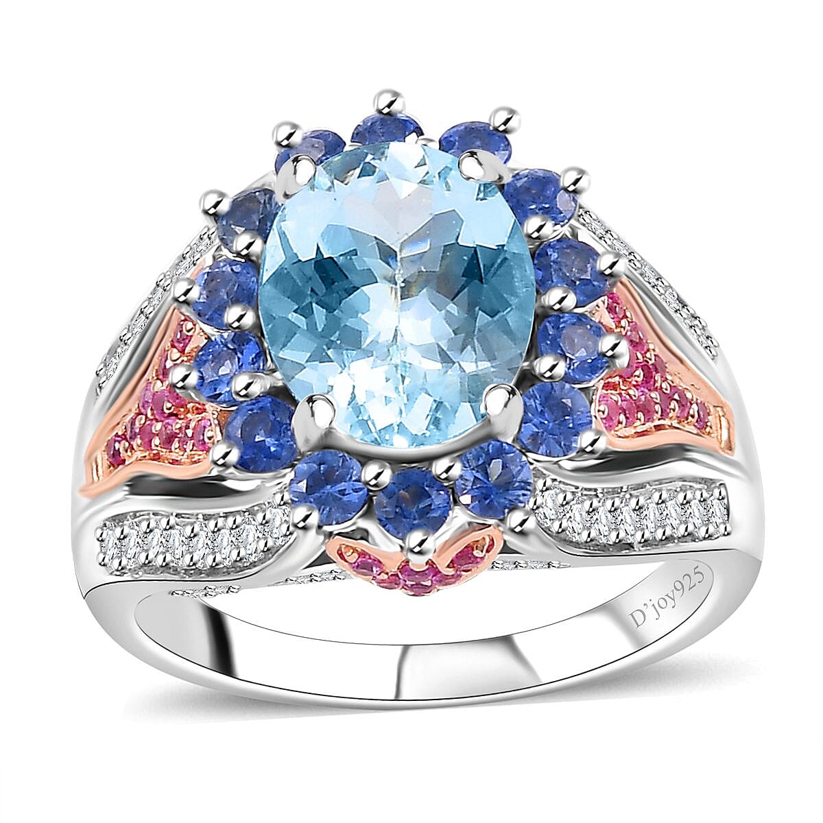 Premium Mangoro Aquamarine, Multi Gemstone Floral Harmony Ring in Vermeil RG and Rhodium Over Sterling Silver (Size 10.0) (Del. in 8-10 Days) 4.10 ctw