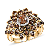 Jenipapo Andalusite, Moissanite Floral Ring in 18K Vermeil YG Over Sterling Silver (Size 10.0) 1.00 ctw