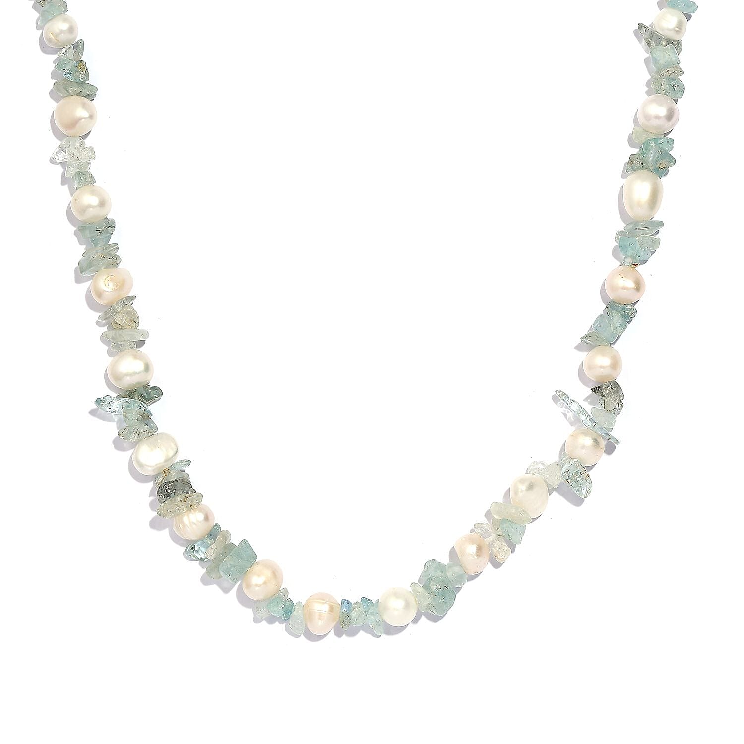 White Freshwater Pearl and Aquamarine Beaded 55.00 ctw Necklace 20 Inches in Stainless Steel