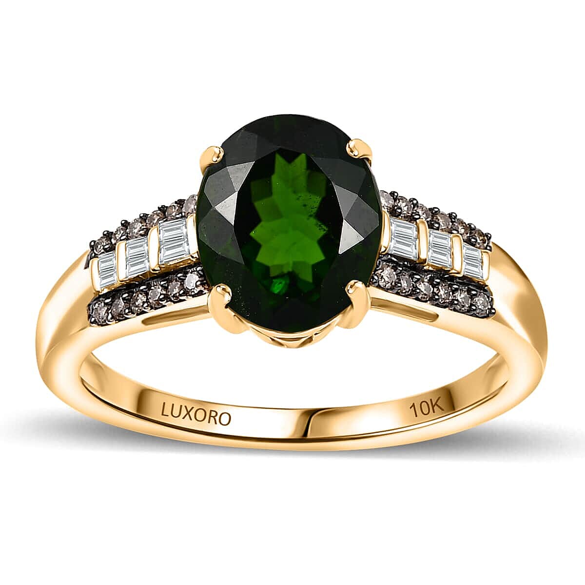 Luxoro AAA Chrome Diopside, Natural Champagne and White Diamond I2 2.90 ctw Bridge Ring in 10K Yellow Gold (Del. in 8-10 Days)