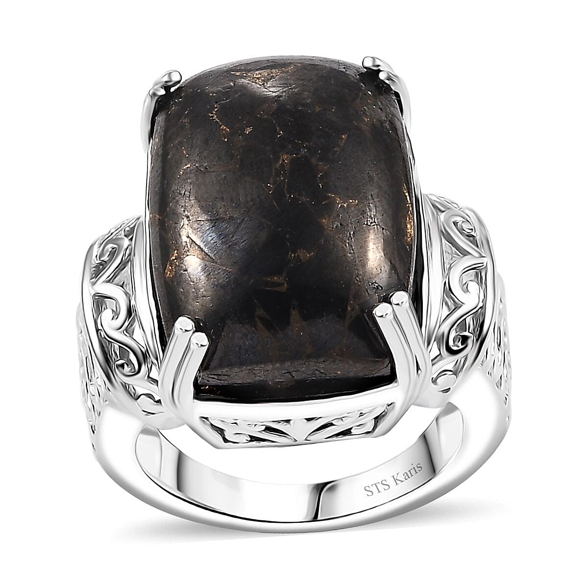 Karis Matrix Silver Shungite Solitaire Ring in Platinum Bond (Size 10.0) 10.50 ctw