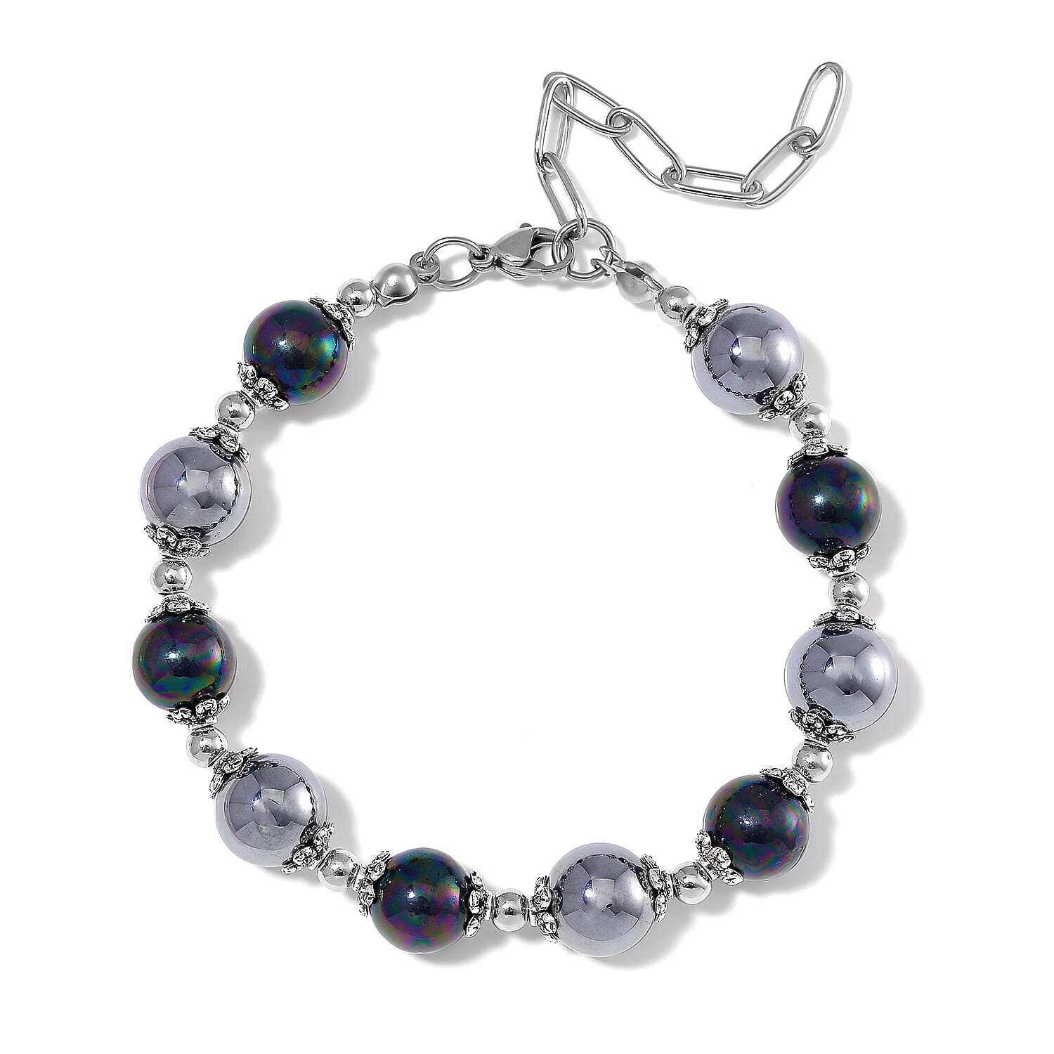 Terahertz, Peacock Color Shell Pearl Bracelet in Stainless Steel (7.5-9.5In) 35.00 ctw