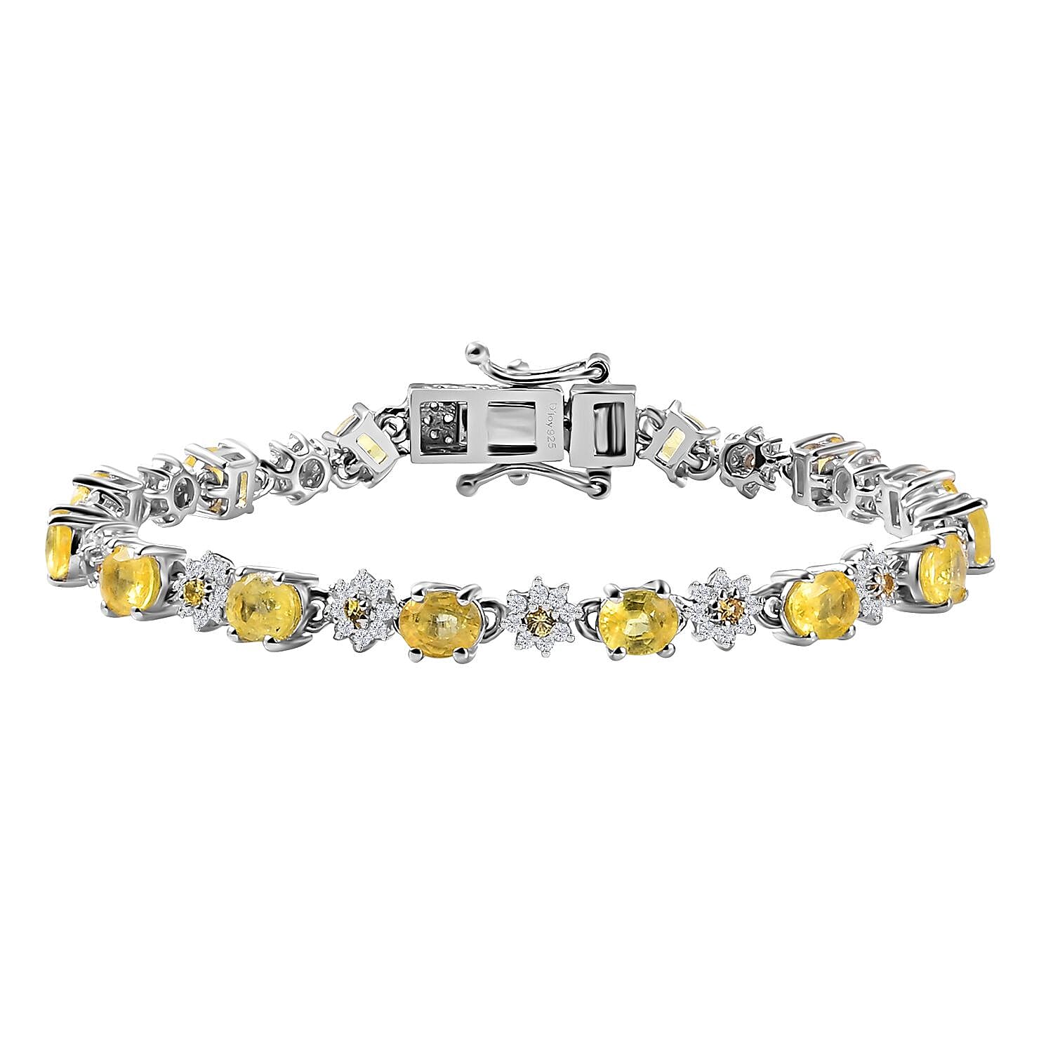 Madagascar Yellow Sapphire, Moissanite Flower Bracelet in Rhodium Over Sterling Silver (6.50 In) 8.35 ctw