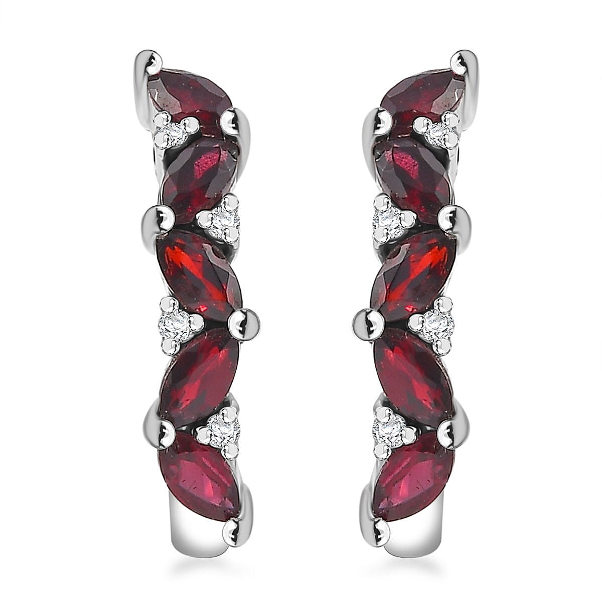 D'Joy Premium Anthill Garnet and White Zircon 2.10 ctw J-Hoop Earrings in Rhodium Over Sterling Silver