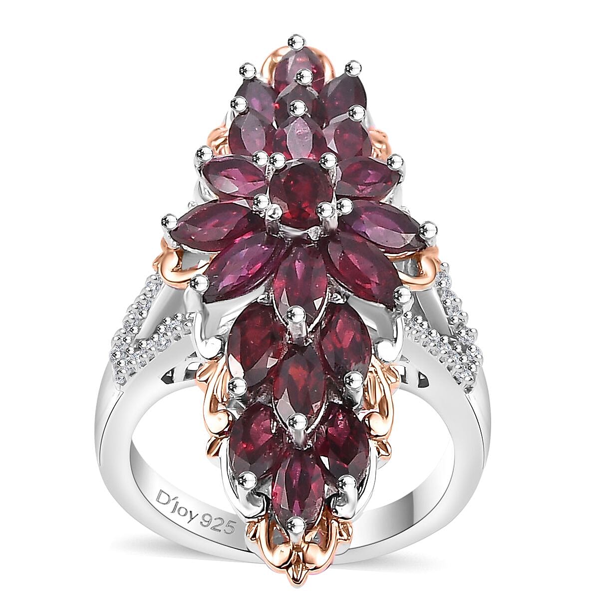 Anthill Garnet, White Zircon Elongated Ring in Vermeil RG and Rhodium Over Sterling Silver (Size 10.0) 4.65 ctw