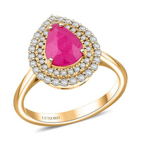 Certified & Appraised Luxoro 14K Yellow Gold AAA Royal Ruby, Diamond (G-H, I2) (0.43 cts) Double Halo Ring (Size 10.0) (4.70 g) 2.15 ctw