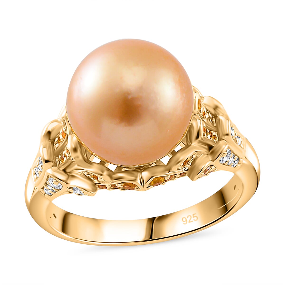 South Sea Golden Pearl 11-12mm, Multi Gemstone Ring in 18K Vermeil YG Over Sterling Silver (Size 8.0) 0.75 ctw