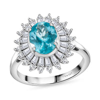 Madagascar Lagoon Apatite and Moissanite 3.00 ctw Stellar Ocean Radiance Ring in Rhodium Over Sterling Silver