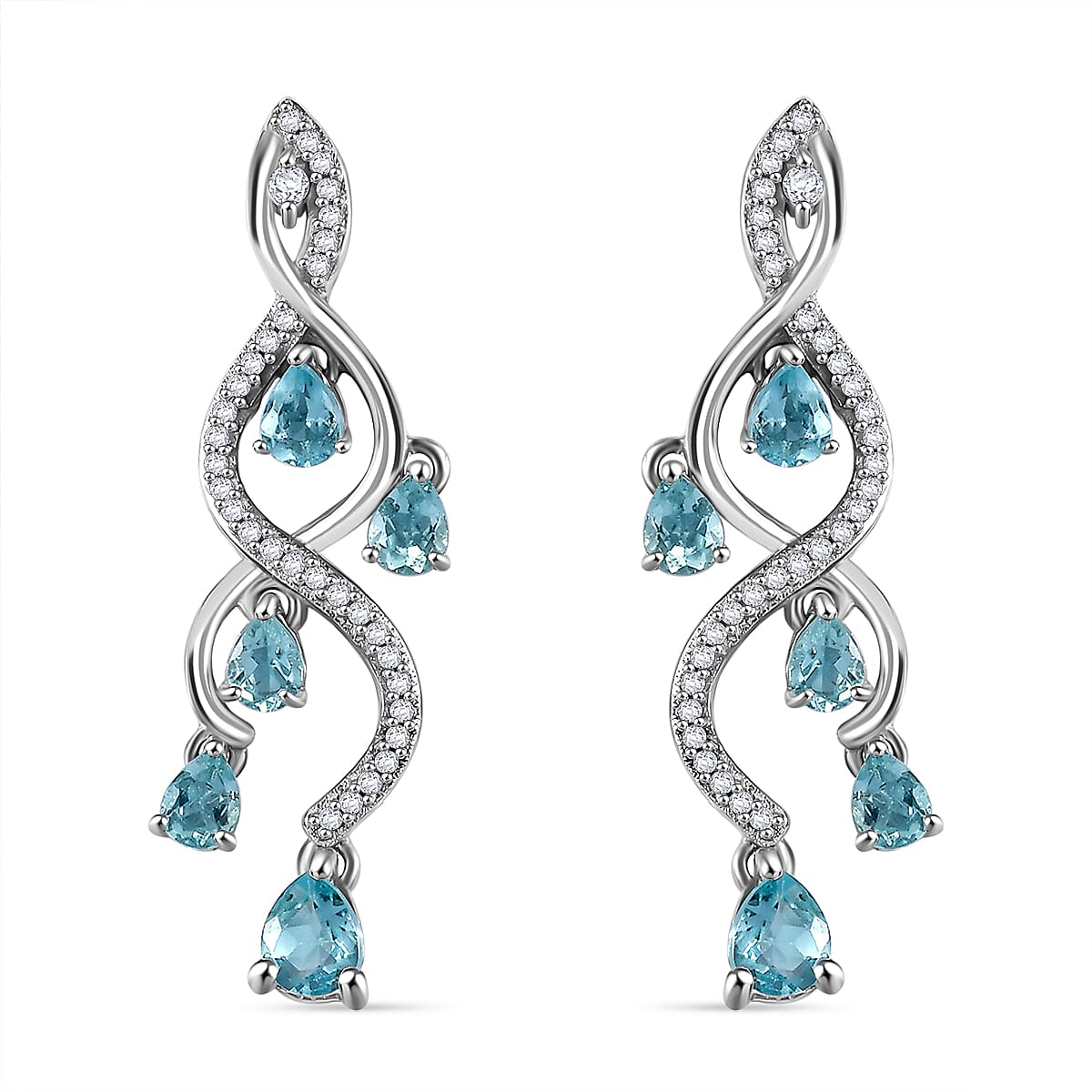 D'Joy Premium Betroka Blue and Lagoon Apatite and White Zircon 2.35 ctw Chandelier Earrings in Rhodium Over Sterling Silver