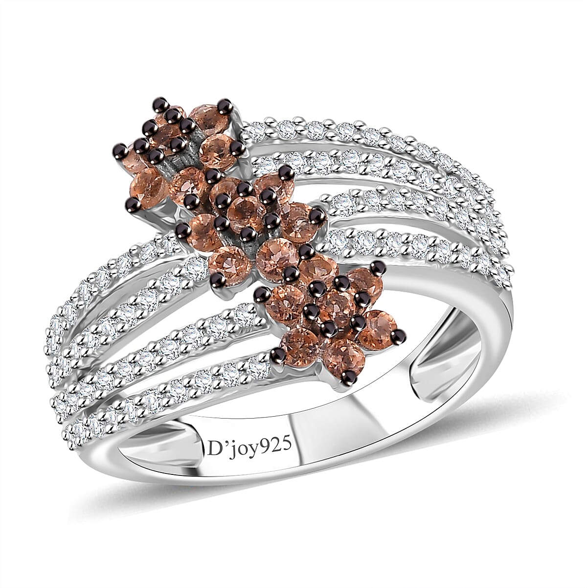 Jenipapo Andalusite, White Zircon Bypass Flower Ring in Rhodium Over Sterling Silver (Size 10.0) 1.35 ctw