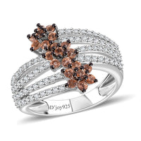 Jenipapo Andalusite, White Zircon Bypass Flower Ring in Rhodium Over Sterling Silver (Size 10.0) 1.35 ctw