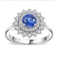 Certified & Appraised Luxoro 14K White Gold AAA Blue Sapphire, Diamond (G-H, I2) (0.66 cts) Floral Ring (Size 10.0) 1.86 ctw - Sticky add to cart bar