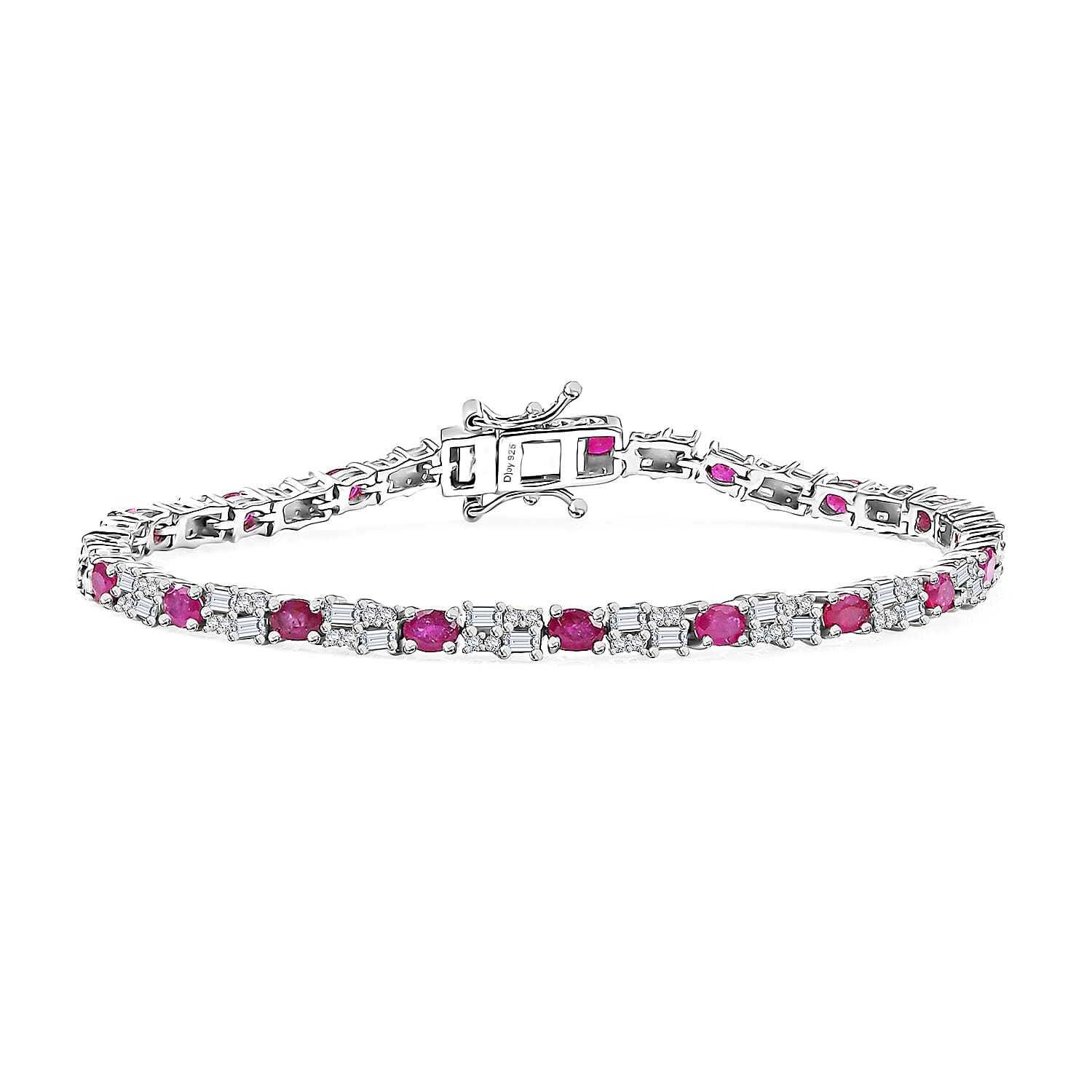 Premium Montepuez Ruby and Moissanite 6.35 ctw Bracelet in Rhodium Over Sterling Silver (7.25 In)