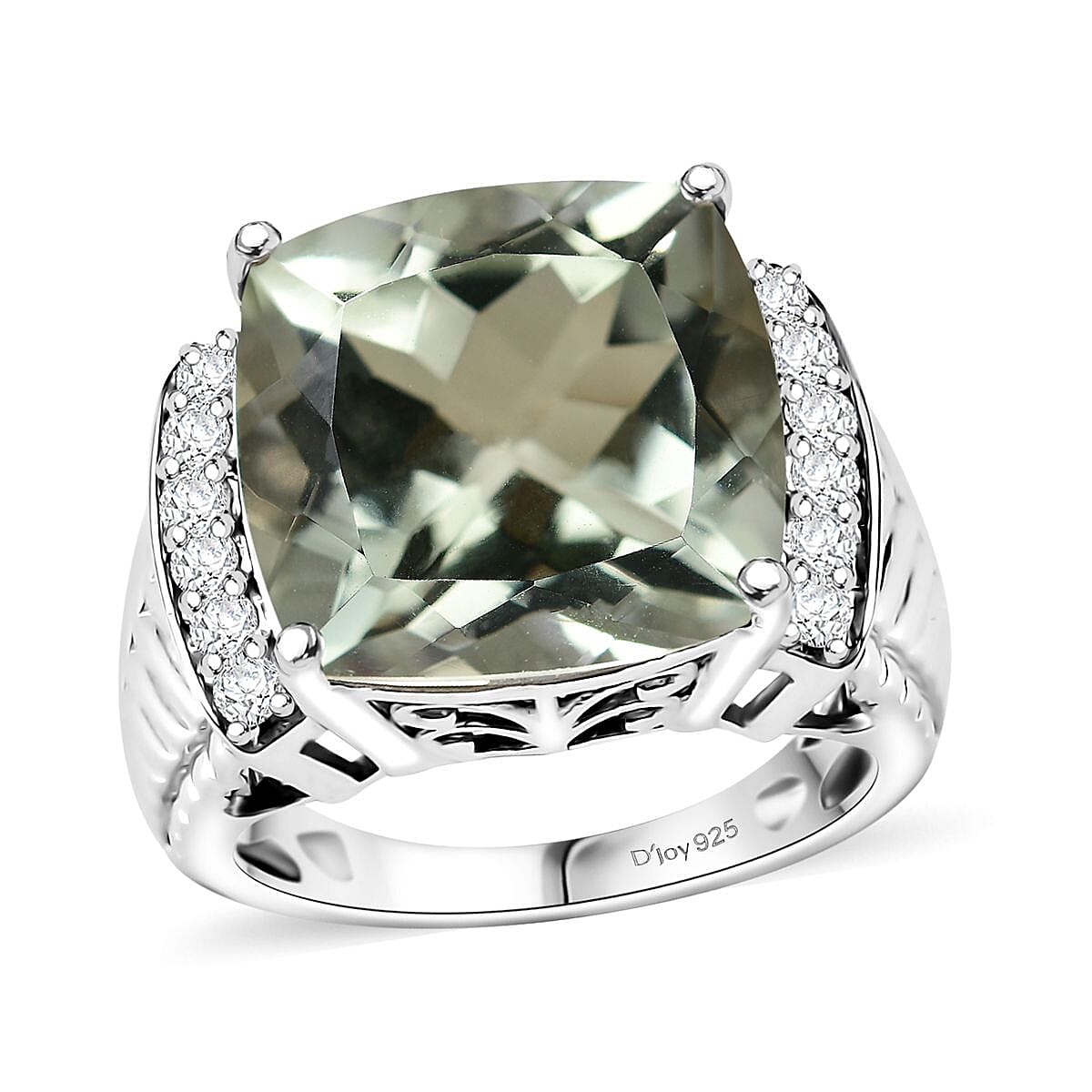 Montezuma Prasiolite, White Zircon Ring in Platinum Over Sterling Silver (Size 7.0) 11.15 ctw