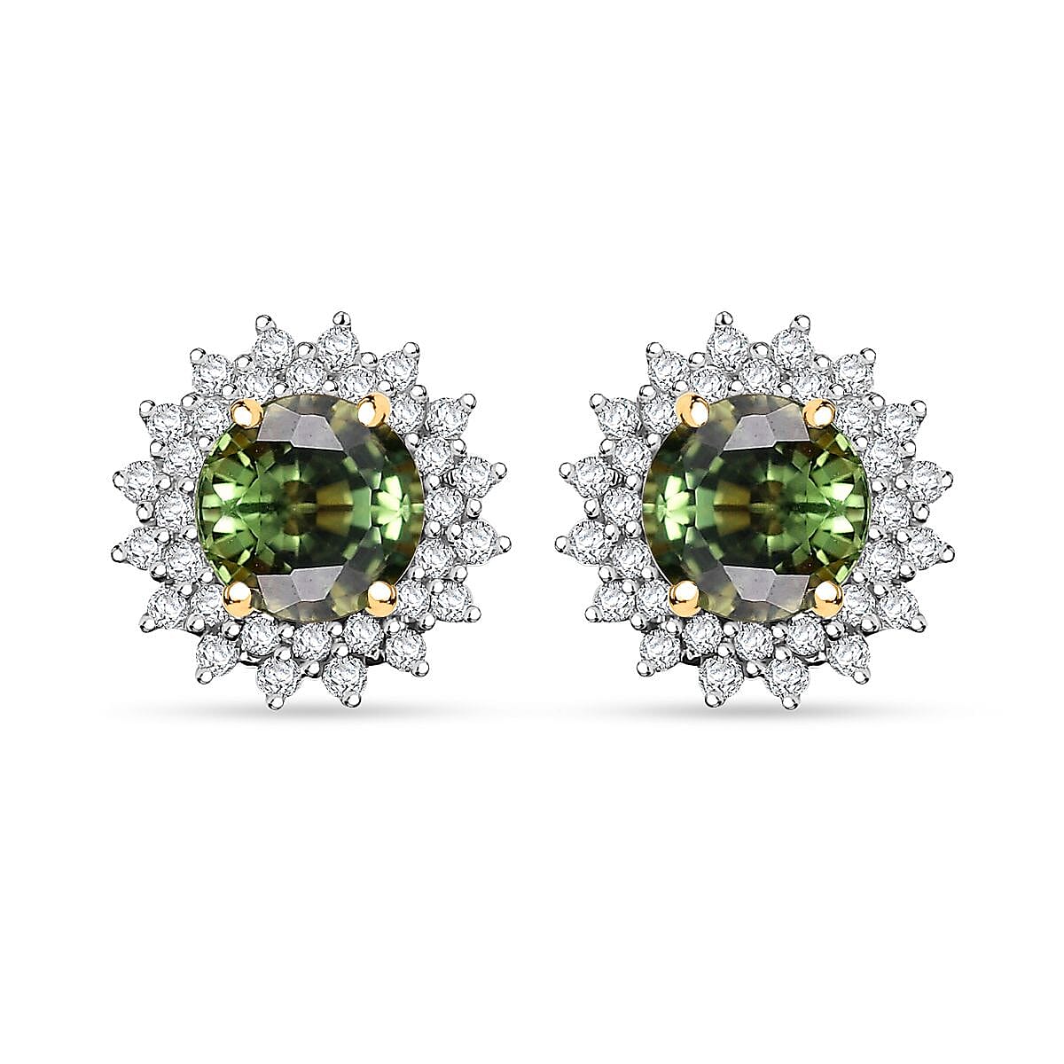 Certified & Appraised Luxoro AAA Green Sapphire and G-H I2 Diamond 2.20 ctw Sunburst Stud Earrings in 14K Yellow Gold