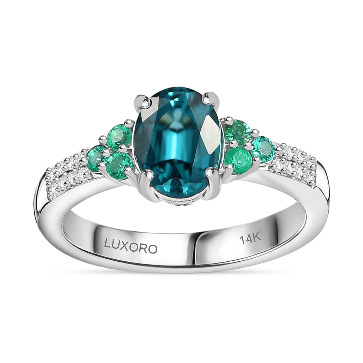 Epic Deal Luxoro 14K White Gold AAA Monte Belo Indicolite, Premium Boyaca Colombian Emerald, Diamond (I2) Ocean Garden Ring (Size 7.0) 1.60 ctw