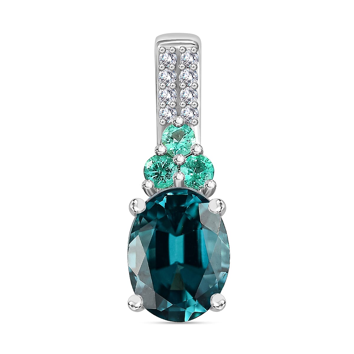 Luxoro AAA Monte Belo Indicolite, Premium Boyaca Colombian Emerald, Diamond I2 1.45 ctw Ocean Garden Pendant without Chain in 14K White Gold