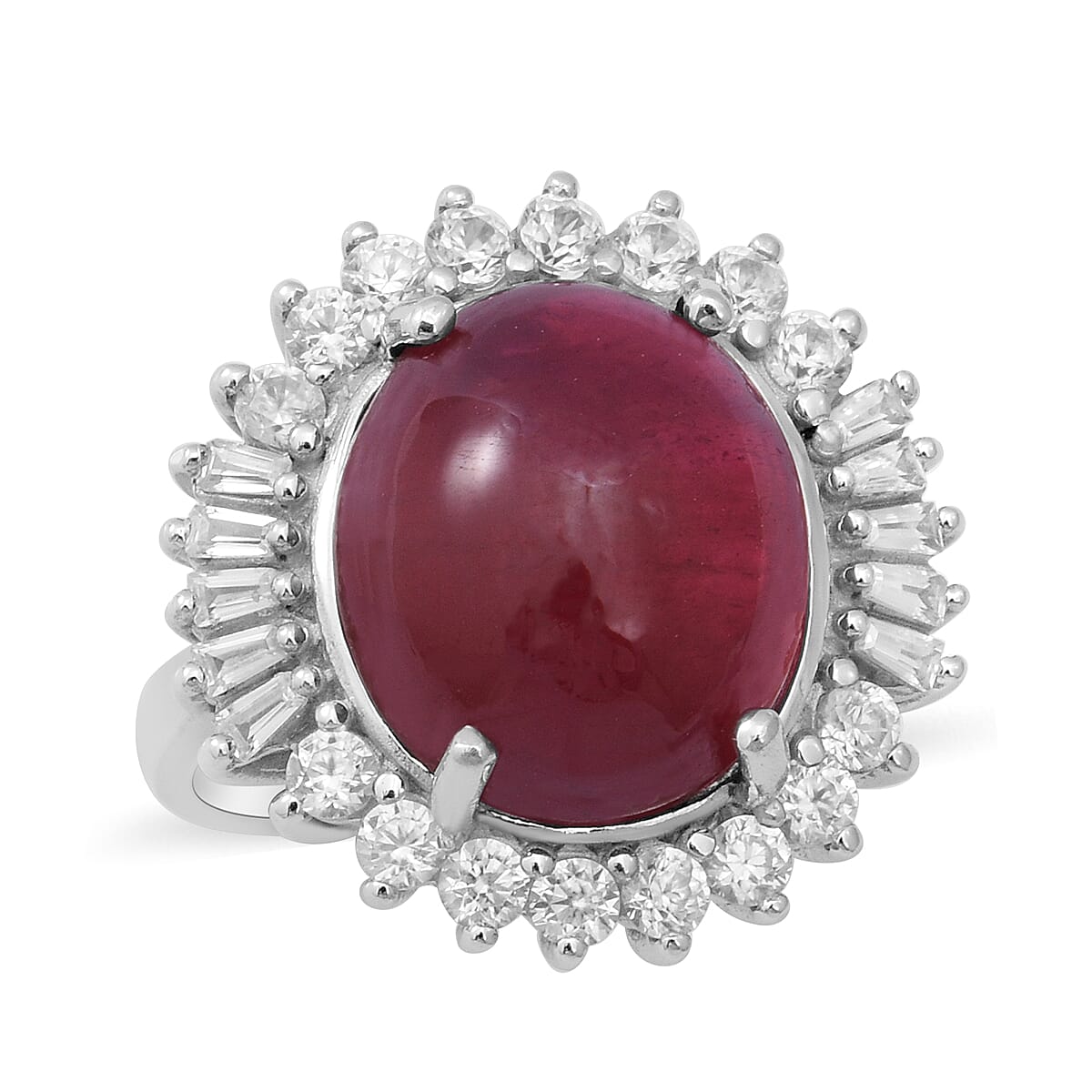 DOORBUSTER Premium African Ruby, Natural White Zircon Cocktail Ring in Platinum Over Sterling Silver (Size 5.0) 19.60 ctw