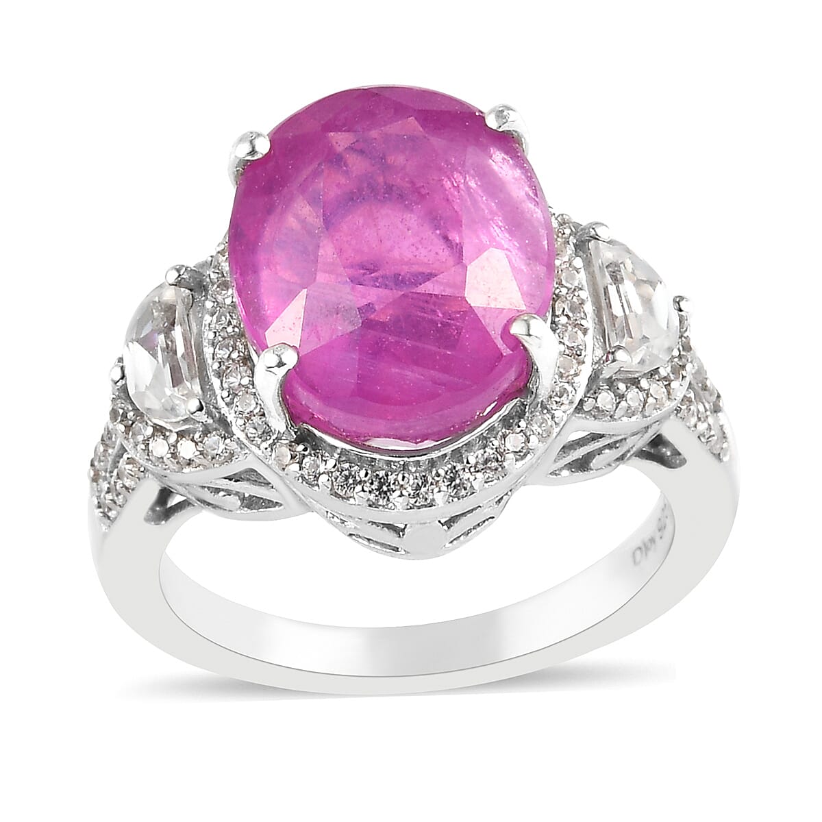 Ilakaka Hot Pink Sapphire and Natural White Zircon Ring in Platinum Over Sterling Silver 8.65 ctw
