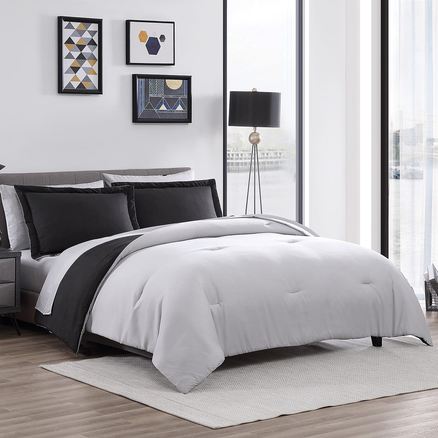 The Nesting Company- Chestnut Reversible 7 Piece bed in a bag Comforter Set Queen Black & Gray