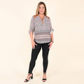 TAMSY Orange Tapestry Printed Zip Neckline 3/4 Sleeve Blouse - S - Sticky add to cart bar