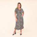 TAMSY Neutral Leopard Empire Waist V-Neck Midi Dress - S - Sticky add to cart bar