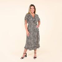 TAMSY Neutral Leopard Empire Waist V-Neck Midi Dress - S
