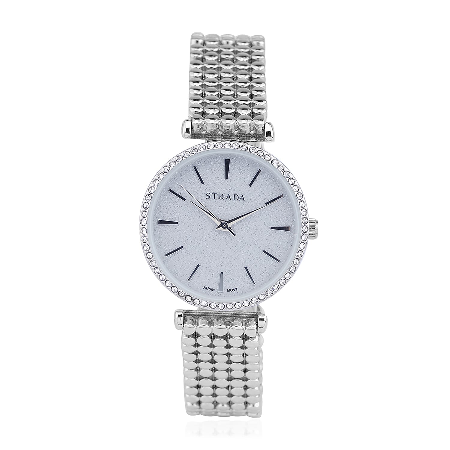 STRADA 10th ANNIVERSARY SPECIAL White Austrian Crystal Japanese Movement Watch in Silvertone with Beaded Textured Strap