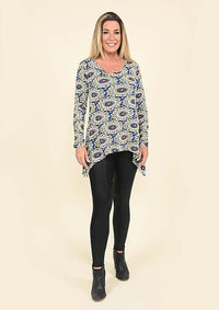 Tamsy Blue Printed Full Sleeves Flared Top - L