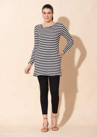 TAMSY Black Stripe Pattern Cotton and Lycra Knitted Ladies Top - L