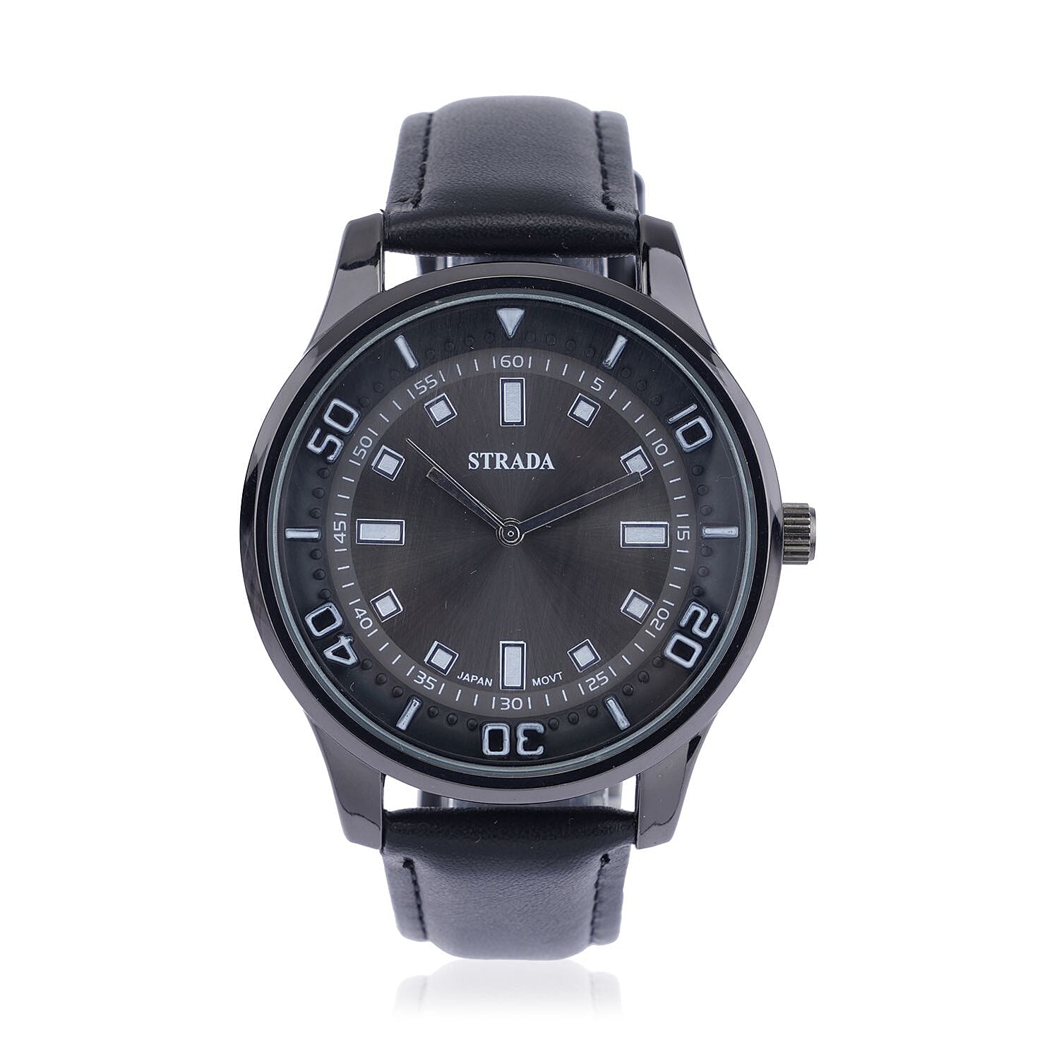 STRADA Japanese Movement Watch with Black Faux Leather Band (7.0-8.50 Inches) (43mm)
