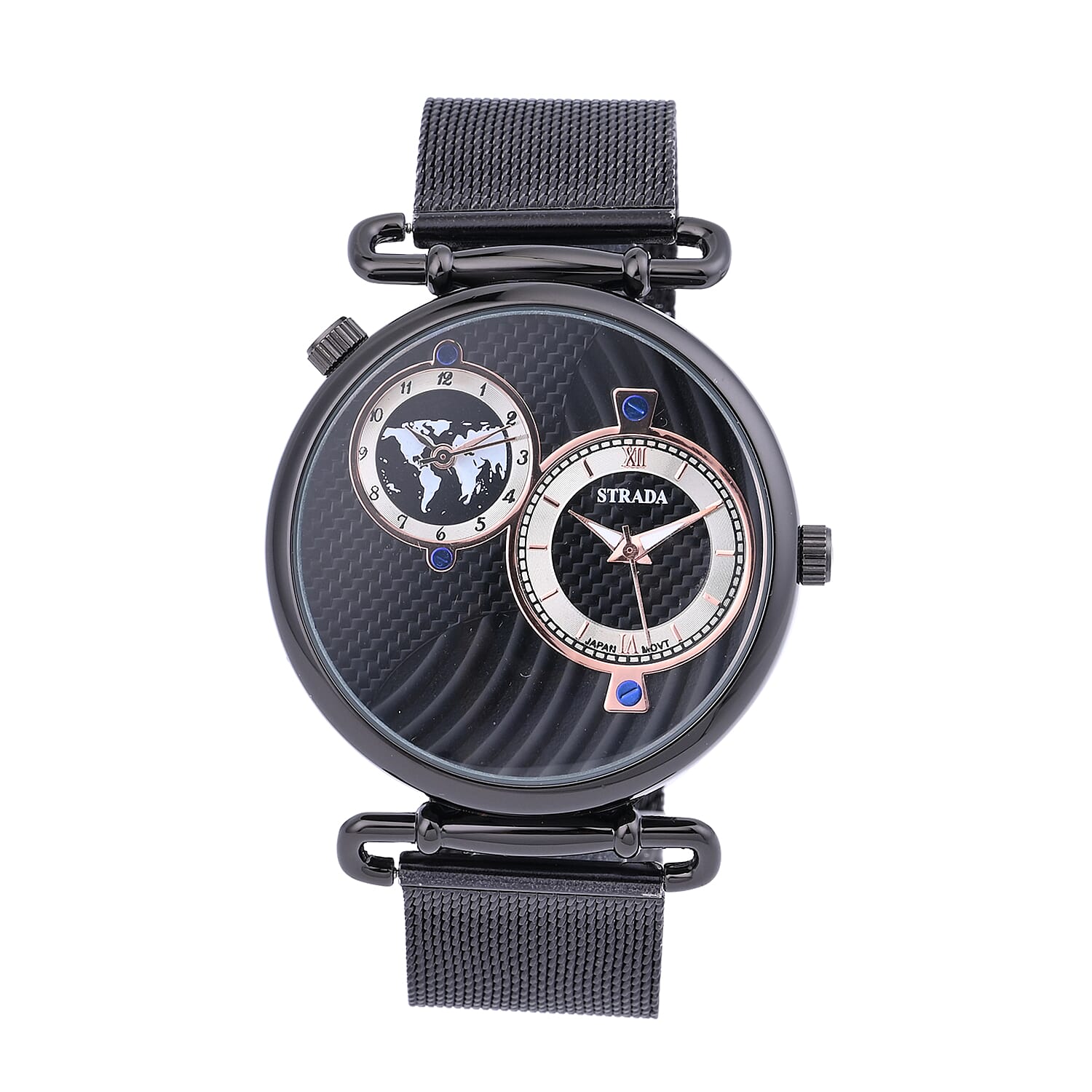 STRADA Japanese Movement Watch with ION Plated Black Stainless Steel Mesh Strap