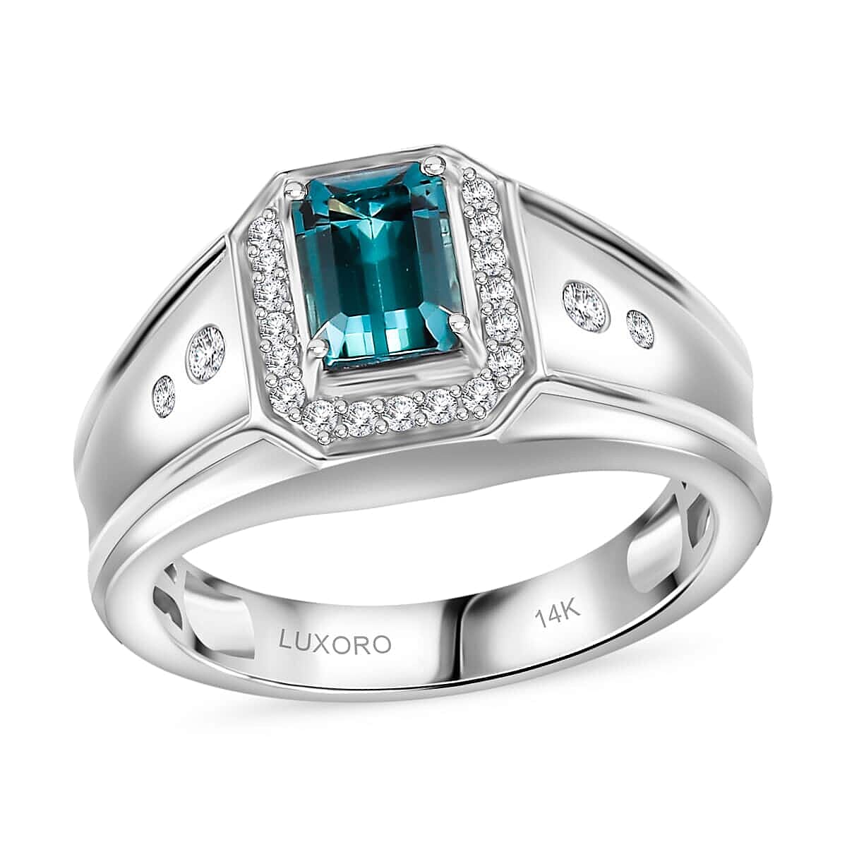 Luxoro 14K White Gold AAA Monte Belo Indicolite, Diamond (G-H, I2) Men's Ring (Size 10.0) (7.75 g) 1.60 ctw