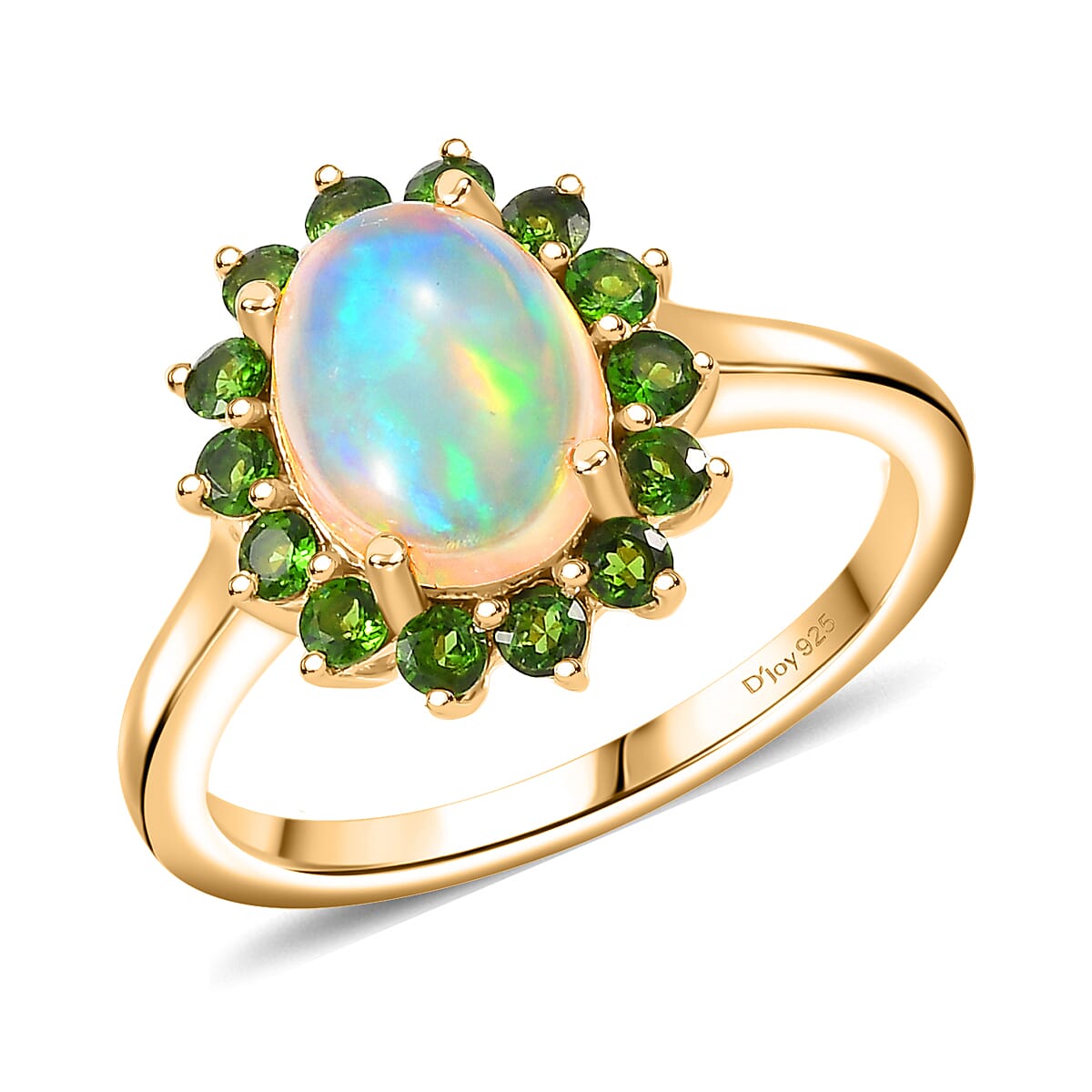Premium Ethiopian Welo Opal, Chrome Diopside Sunburst Ring in 18K Vermeil YG Over Sterling Silver (Size 10.0) 1.65 ctw