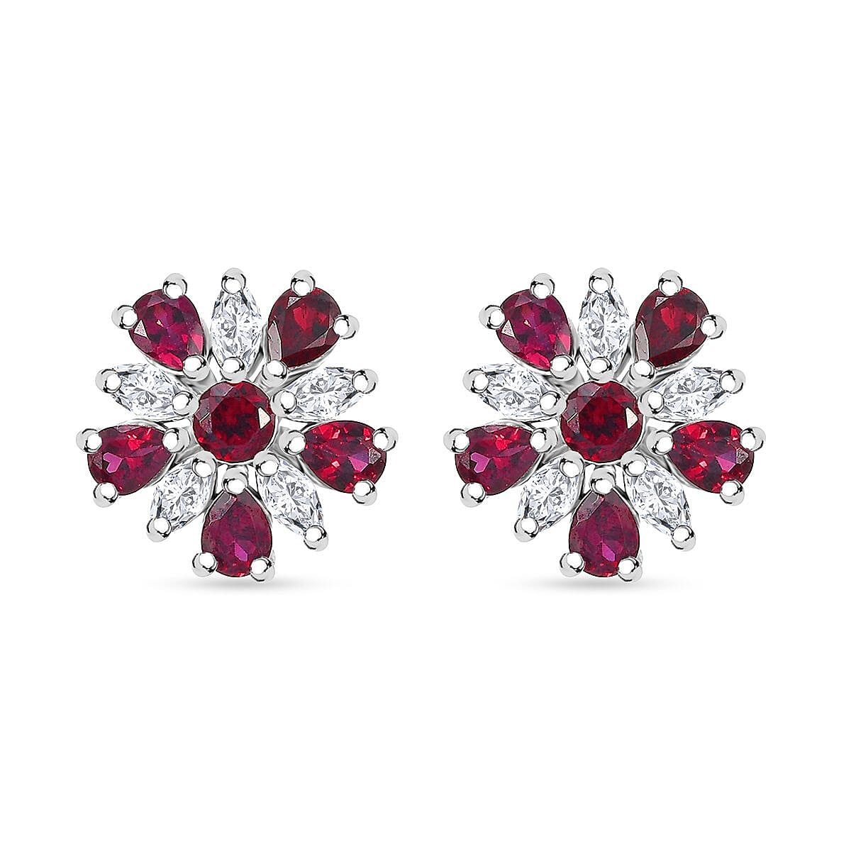 D'Joy Premium Anthill Garnet and White Zircon 3.40 ctw Floral Earrings in Rhodium Over Sterling Silver