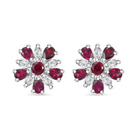 D'Joy Premium Anthill Garnet and White Zircon 3.40 ctw Floral Earrings in Rhodium Over Sterling Silver